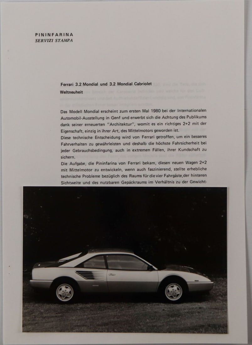 Ferrari Press release Type 3.2 Mondial and 3.2 Mondial Cabr: 2 pages, German, plus 1x original B/W press photo, stamped: Carrozzeria Pininfarina, 17.5 x 12.5 cm