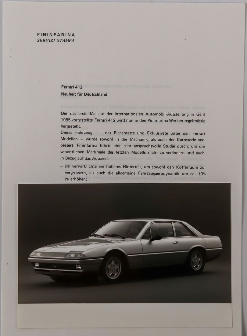 Ferrari Press release Type 412 from 1985: 3 pages, German, plus 1x original B/W press photo, stamped: Carrozzeria Pininfarina, 17.5 x 12.5 cm