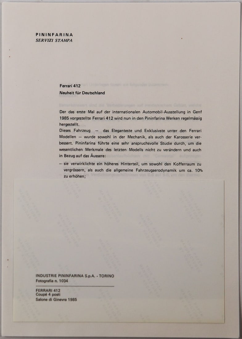 Ferrari Press release Type 412 from 1985 - 2