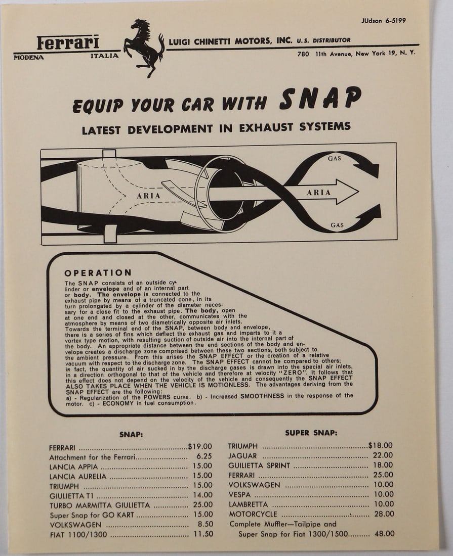 Ferrari Brochure SNAP Exhaust Gas Engines from the 1950s/19: English, 1 page, Luigi Chinetti Motors Inc.