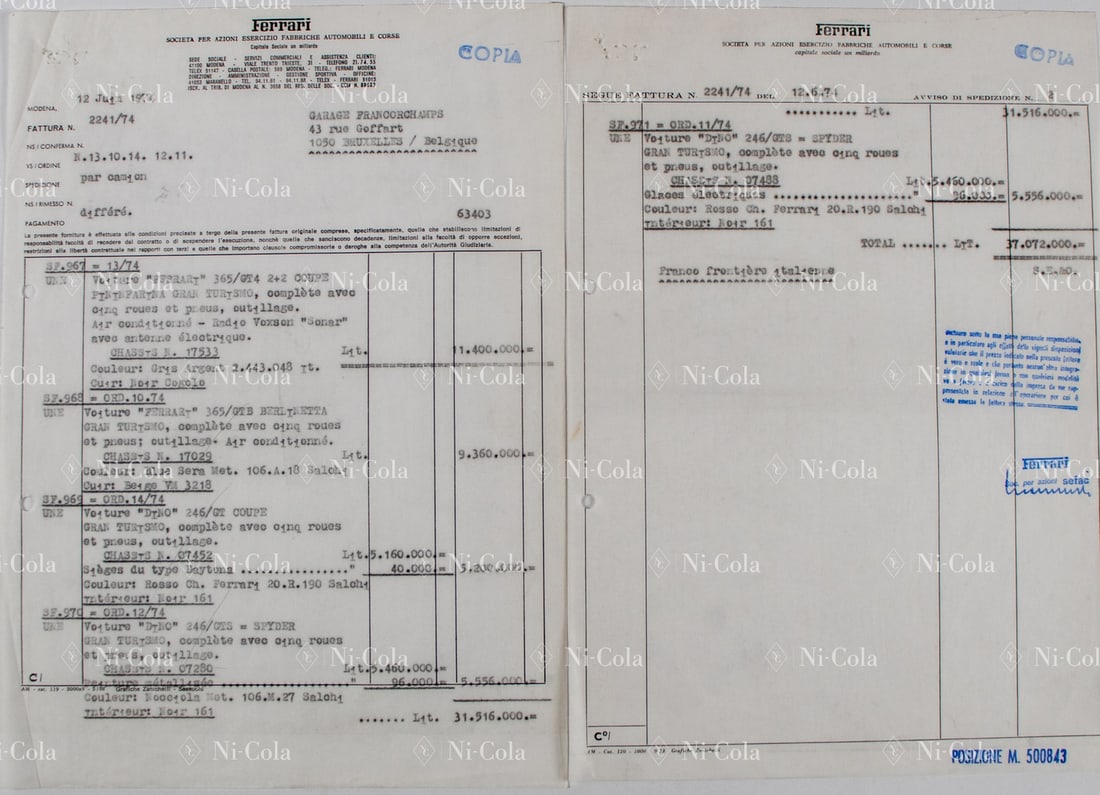 Ferrari Invoice from Ferrari to Garage Francorchamps dated: For 5 Ferrari vehicles, including a 365 / GTB4, s/n 17029, color Blue Sera met. / Salchi code 106.A.18, a Dino 246 GT, s/n 07452, a Dino 246 GTS, s/n 07280, etc., all with exterior color and interior