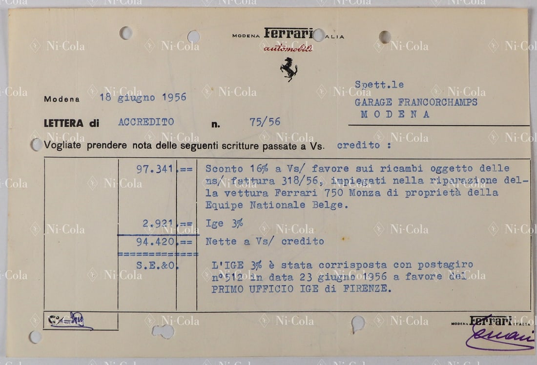 Ferrari Invoice from Ferrari to Garage Francorchamps dated: For the repair of the Ferrari 750 Monza Spyder Scaglietti, s/n 518, which crashed during the GP of Bari with driver Johnny Claes and received a new body at the Ferrari factory, with accident sketch on