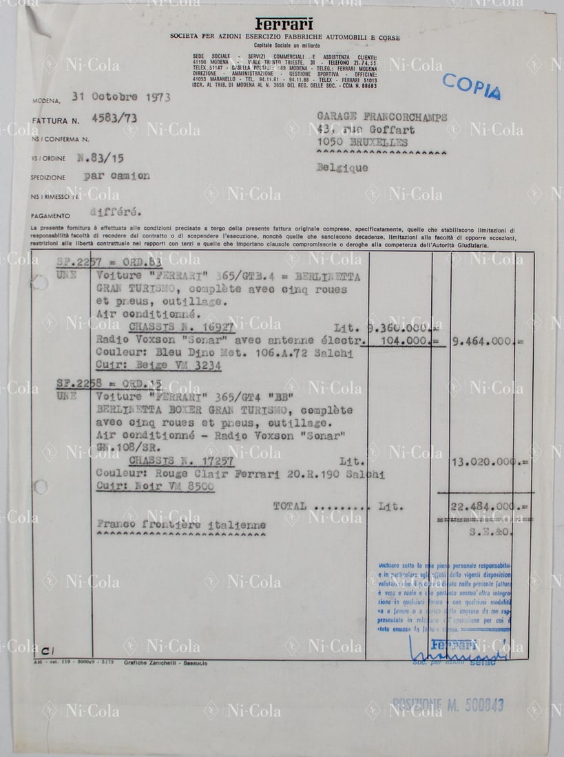 Ferrari Invoice from Ferrari to Garage Francorchamps dated: For a 365 / GT4 BB, s/n 17257, color Rouge Clair / Salchi code 20.R.190 and a 365 / GTB4, s/n 16927, color Bleu Dino met. / Salchi code 106.A.72, hand-signed Manicardi