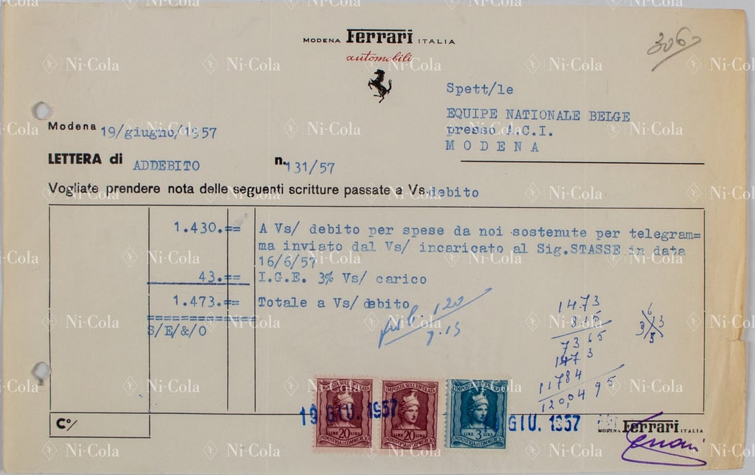 Ferrari Invoice from Modena Ferrari Italia to Ecurie Belgiq: Enzo Ferrari requests to settle the amount of the order via telegram from Mr. Pierre Stasse, hand-signed Enzo Ferrari, rare early document of a personal payment request from Enzo Ferrari himself