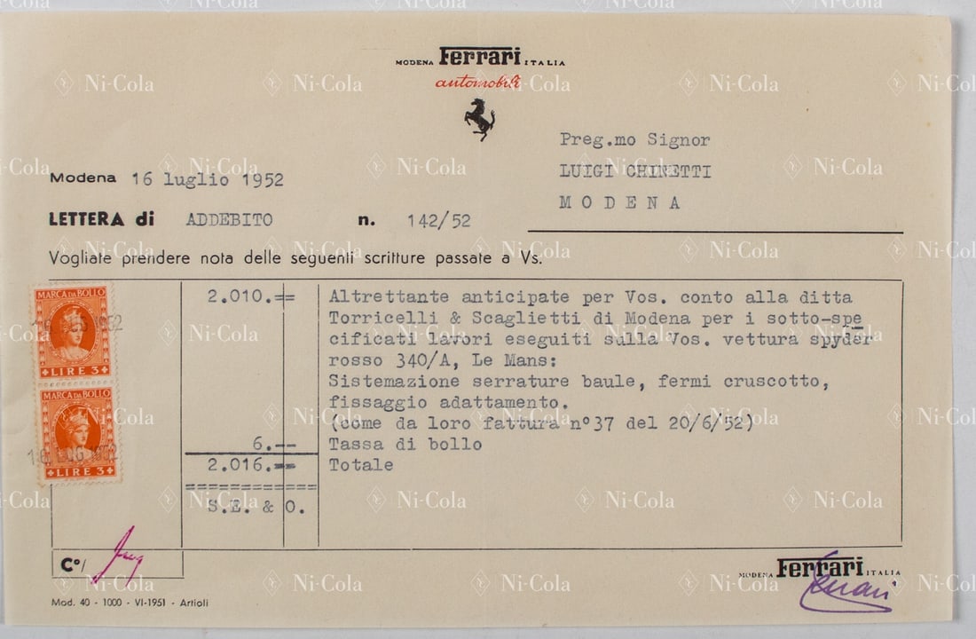 Ferrari Invoice from Modena Ferrari Italia to Luigi Chinett: For the repair work, carried out by Torricelli & Scaglietti on the 340 America Vignale Spyder, S/N 0204, Chinetti / Lucas participated with this car in the Le Mans race 1952, hand-signed by Enzo Ferra