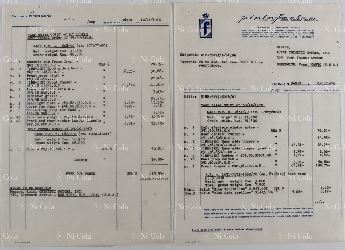 Ferrari Invoice from Pininfarina to Luigi Chinetti dated No: Air freight delivery, with part numbers, 2 pages, English