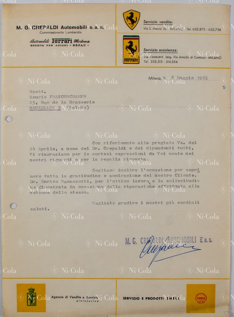 Ferrari Letter from Crepaldi Milano to Ecurie Francorchamps: On behalf of Dr. Crepaldi, we thank you for the excellent and careful repair of Dr. Enrico Ramazzotti's car, and on behalf of the staff, we thank you very warmly for the nice gift that was found in th