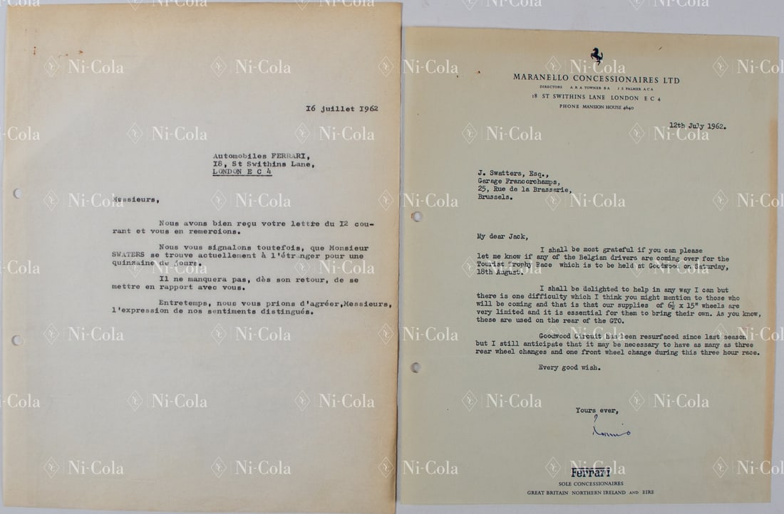 Ferrari Letter from Colonel Ronnie Hoare to Jacques Swaters: Hoare asks Swaters how many drivers and cars will come to the Tourist Trophy race in Goodwood, since there is only a small supply of 6.5 x 15 rims for the 250 GTO, he asks Swaters to bring all the rim