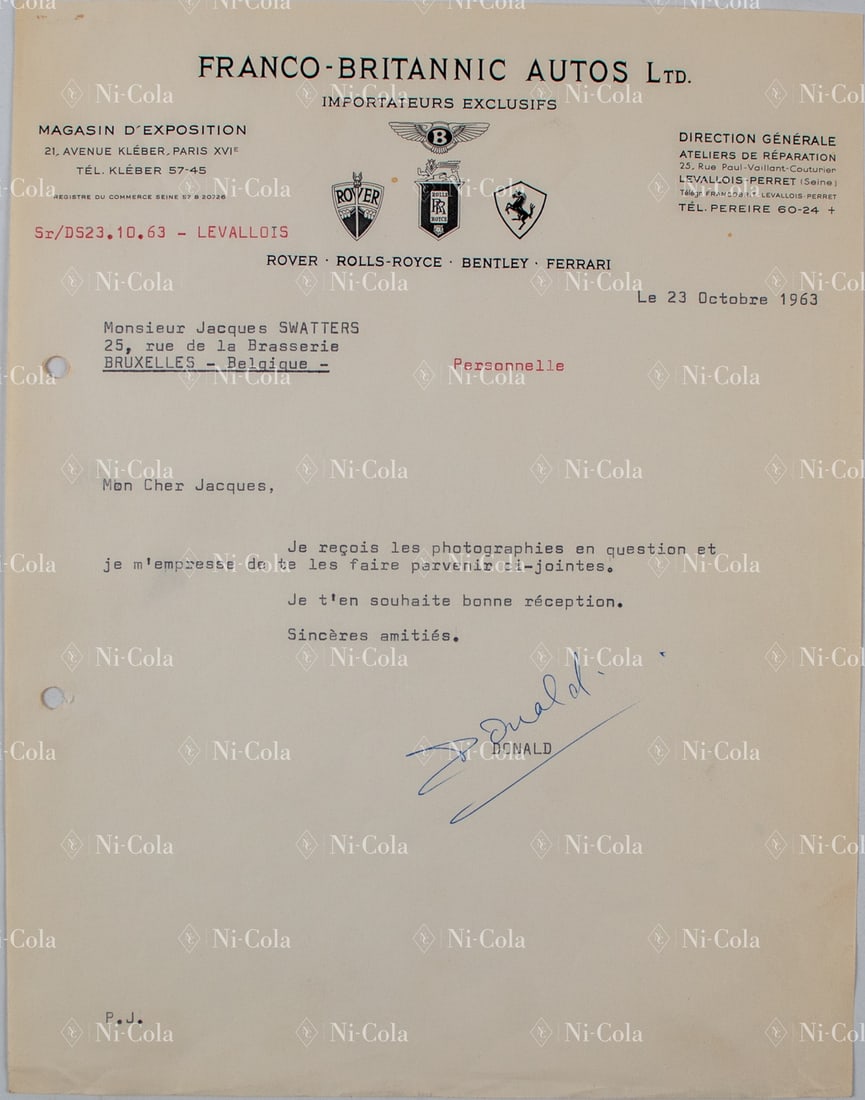 Ferrari Letter from Donald Sleator Franco-Britannic to Jacq (1 of 2)