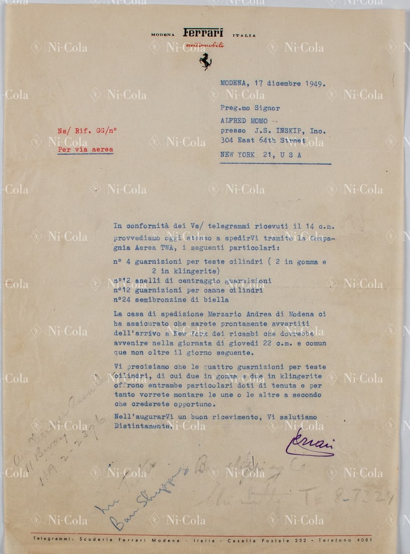 Ferrari Letter from Enzo Ferrari to Alfred Momo New York da: Spare parts delivery for the Ferrari 166 Sport Touring Berlinetta s/n 060M for the 6h Sebring Race 1950, Momo became first in his class with Chinetti and 7th overall, very early document of Ferrari's