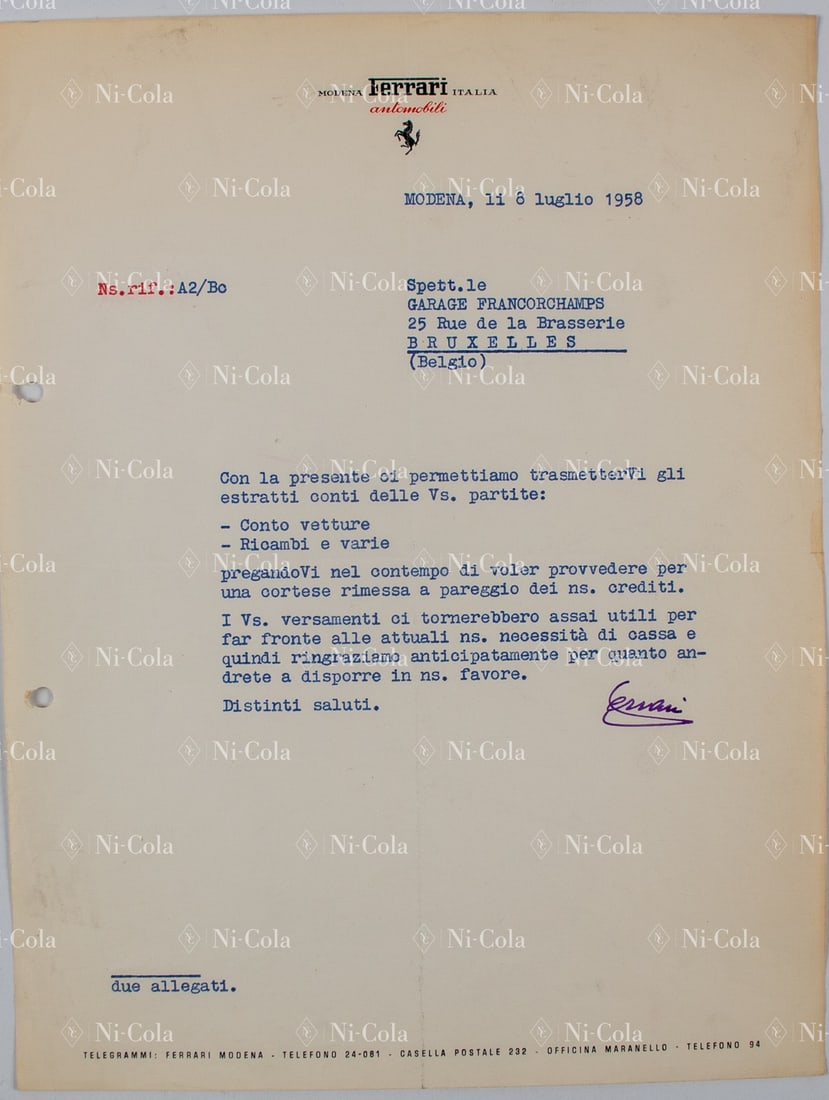 Ferrari Letter from Enzo Ferrari to Garage Francorchamps da (1 of 2)