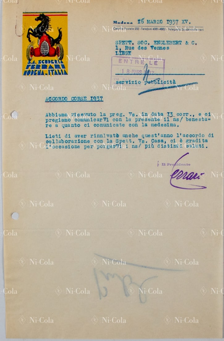 Ferrari Letter from Enzo Ferrari to Englebert dated 16 marz: 'Accordo Corse 1937' Contract agreement for an additional sponsor year 1937, Enzo Ferrari is pleased about another year of collaboration with sponsor Englebert Tires, rare example of an early sponsors
