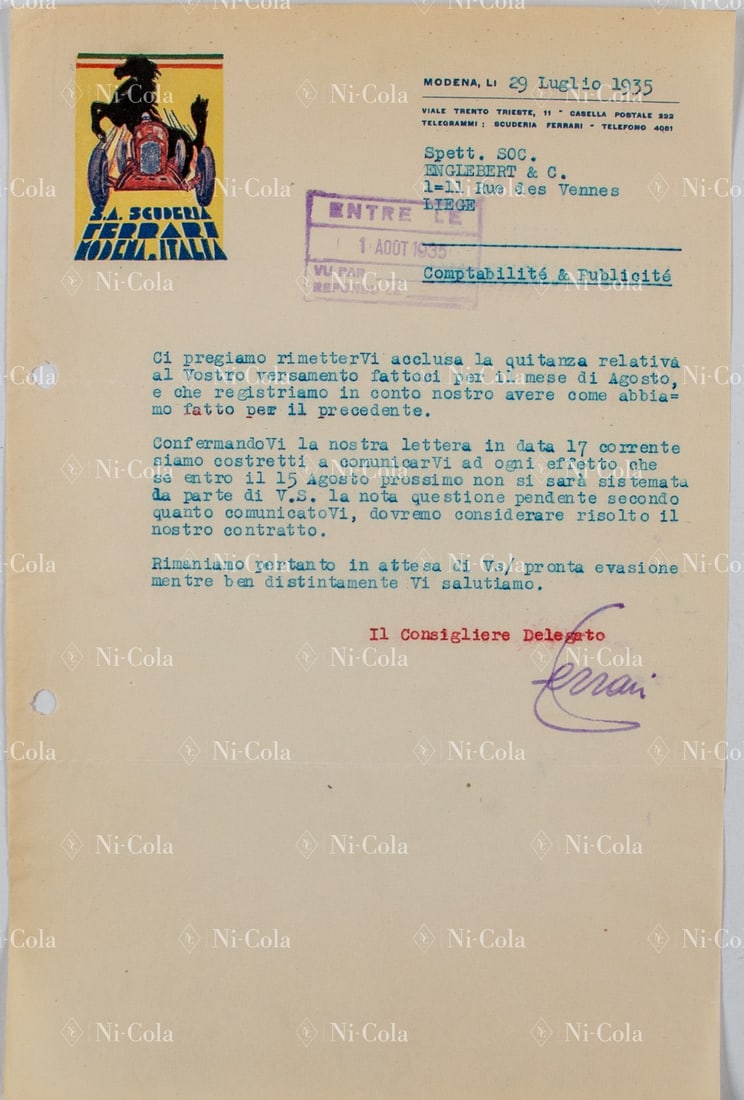 Ferrari Letter from Enzo Ferrari to Englebert dated 29 lugl (1 of 2)