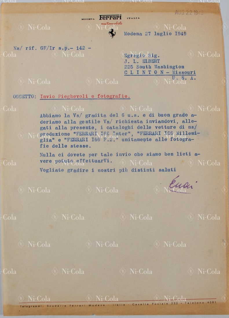 Ferrari Letter from Enzo Ferrari to J.L. Elbert Washington (1 of 1)