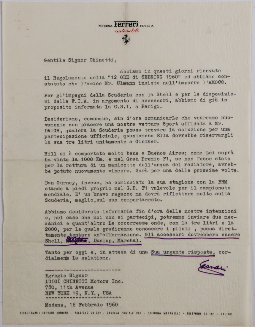 Ferrari Letter from Enzo Ferrari to Luigi Chinetti New York (1 of 1)