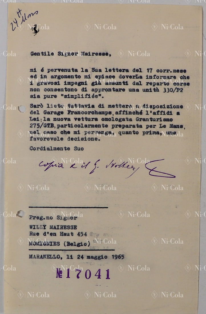 Ferrari Letter from Enzo Ferrari to Willy Mairesse dated 24: Enzo Ferrari writes to Mairesse that it is not possible to provide a 330/P for the Ecurie Francorchamps at the Le Mans race in 1965, but 'only' a 275 GTB specially constructed for Le Mans. However, he