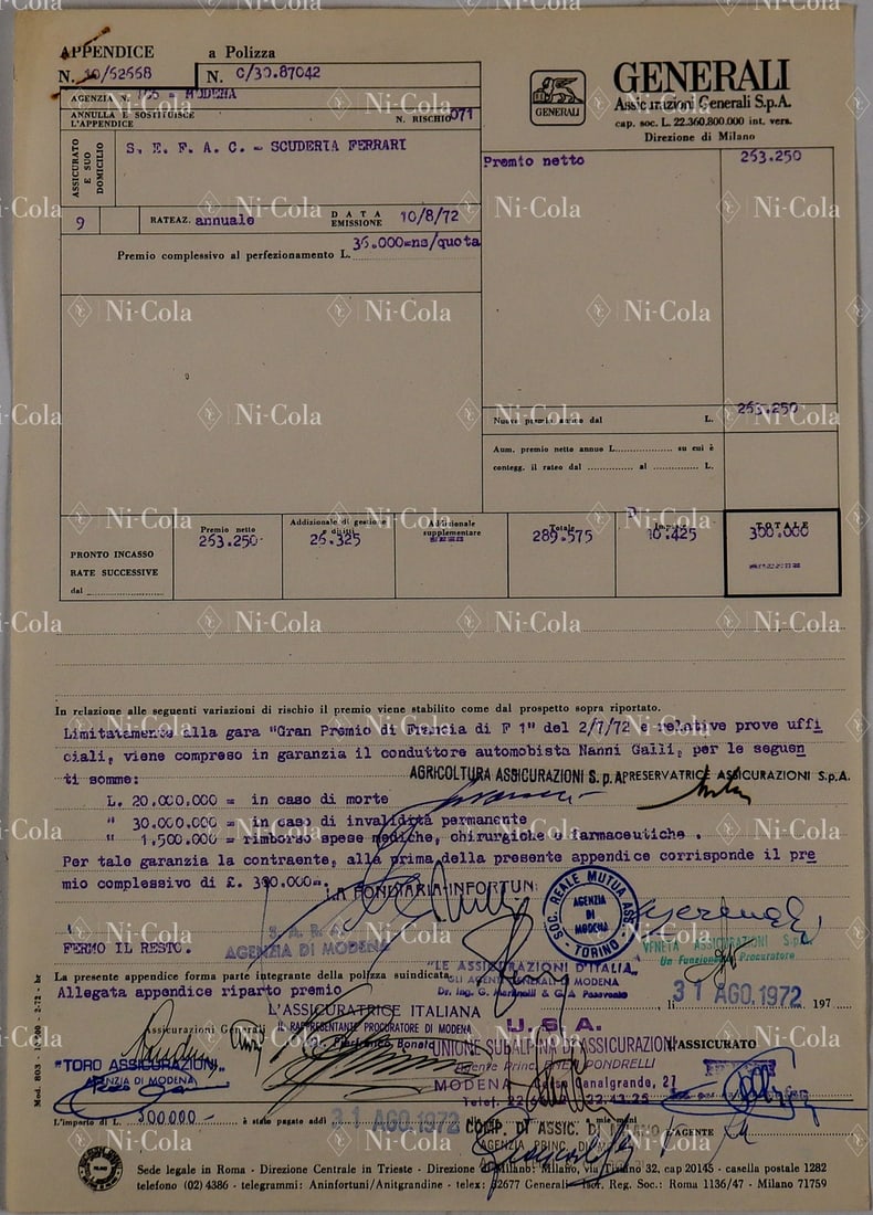 Ferrari Insurance Policy Insurance policy of Assicurazioni: For driver Nanni Galli for the French GP 02.07.1972 and the associated test drives, with original hand signature Nanni Galli and Ermano Della Casa