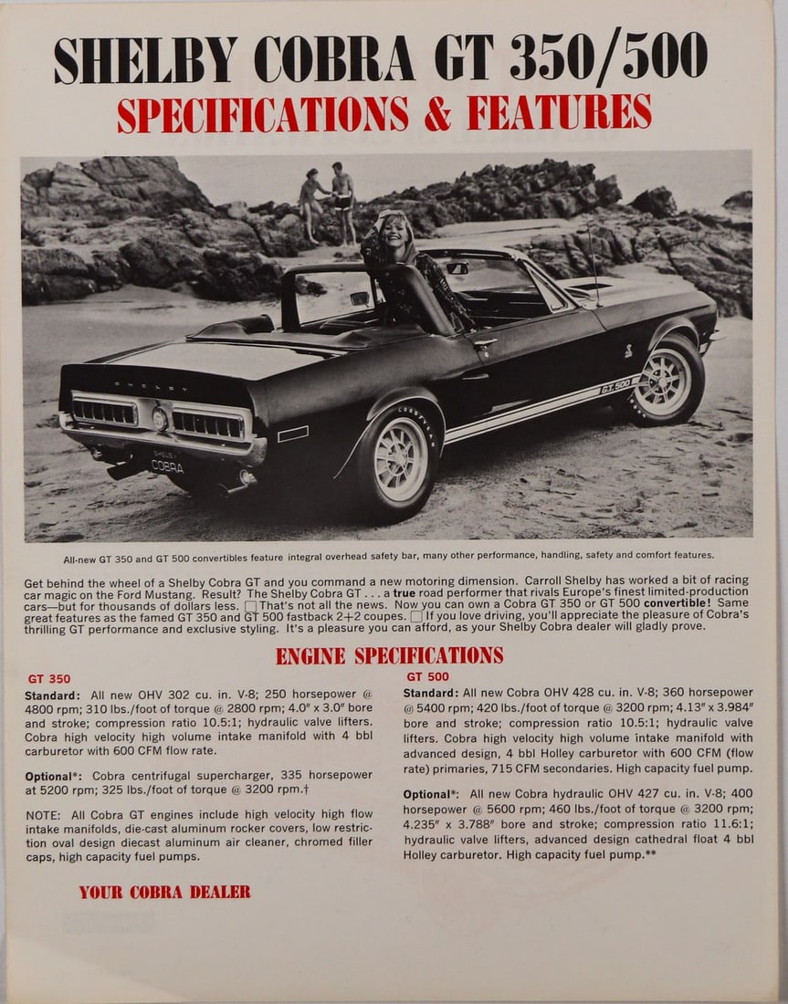 Ford Brochure Shelby Cobra GT 350 / 500: 2 pages, English