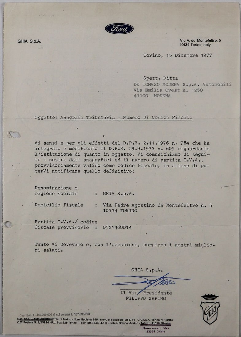 Ford Letter hand-signed by Vice President Ghia S.p.A. Filip: Italian