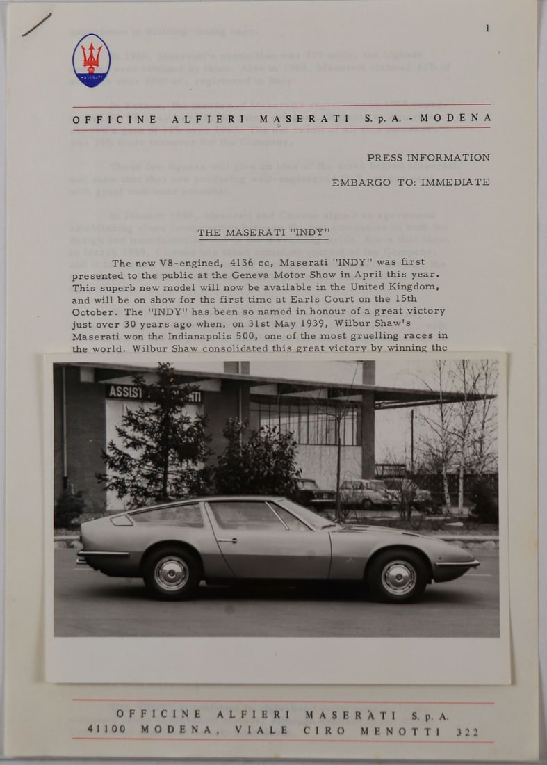 Maserati Press Release Maserati Indy: 3 pages with technical data, English and 1 B/W press photo