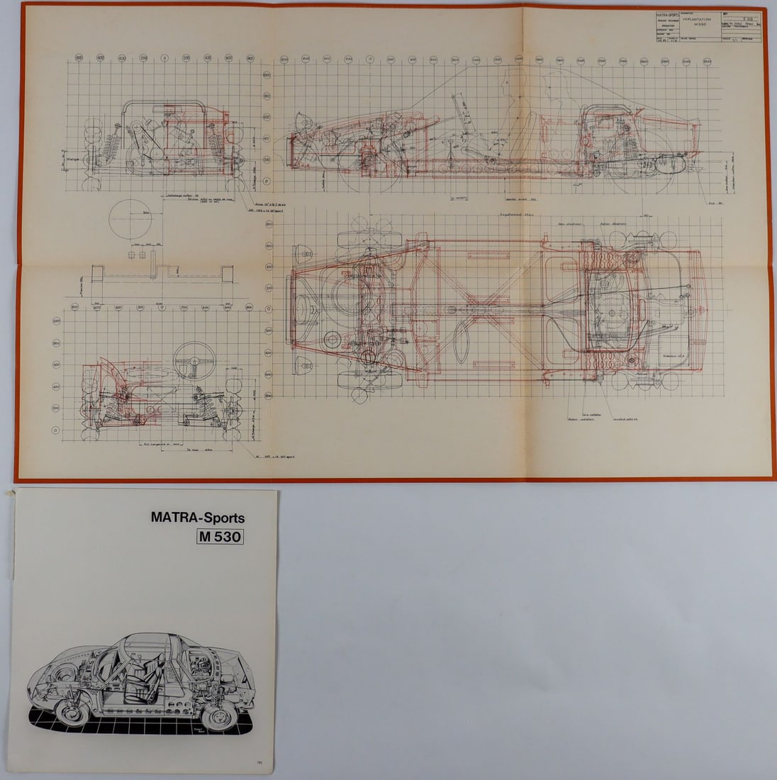 Matra 2-part Matra Sport 1967-1973: Prospectus (last page coming loose) and construction plan, scale: 1:10, 45 x 70 cm, Italian