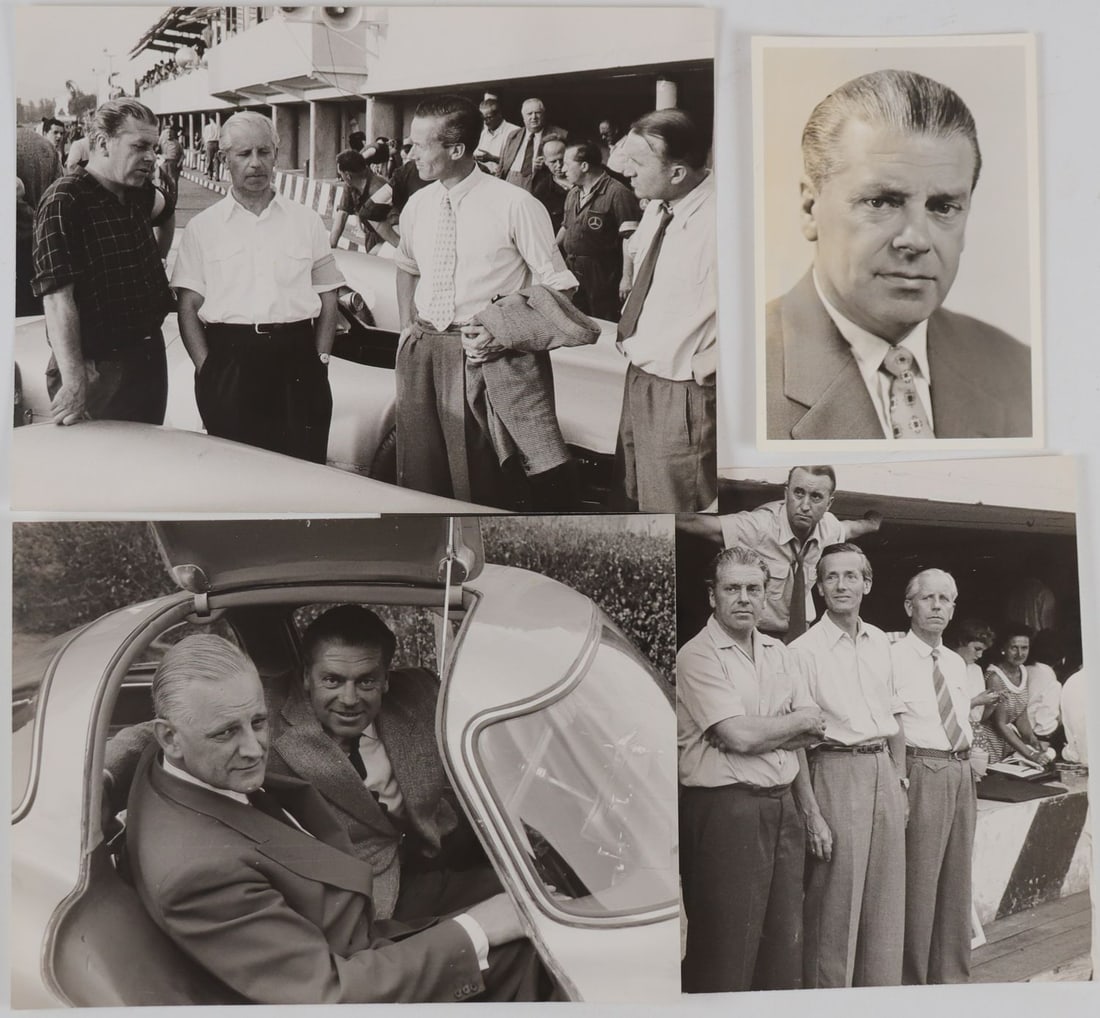 Mercedes-Benz 4-piece original B/W press photos 'Dr. Uhlenh: In the photos, Dr. R. Uhlenhaut, Prof. Dr. Nallinger, Dr. Neubauer, etc. can be seen, dimensions from 13.7 x 9.7 cm to 16.8 x 23.8 cm