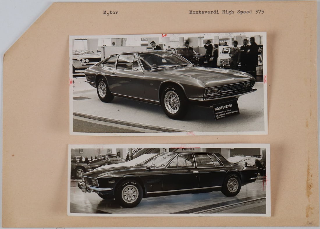 Monteverdi 2 original B/W press photos from 1968 and 1971: Monteverdi High Speed 375 L etc., 6.2 x 17.5 cm and 9 x 17 cm, both stamped Dr. Seifet