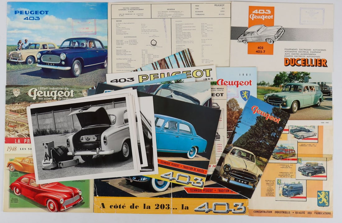 Peugeot 28-piece brochures / Original B&W press photos from: e.g. 203, 403 etc., various languages