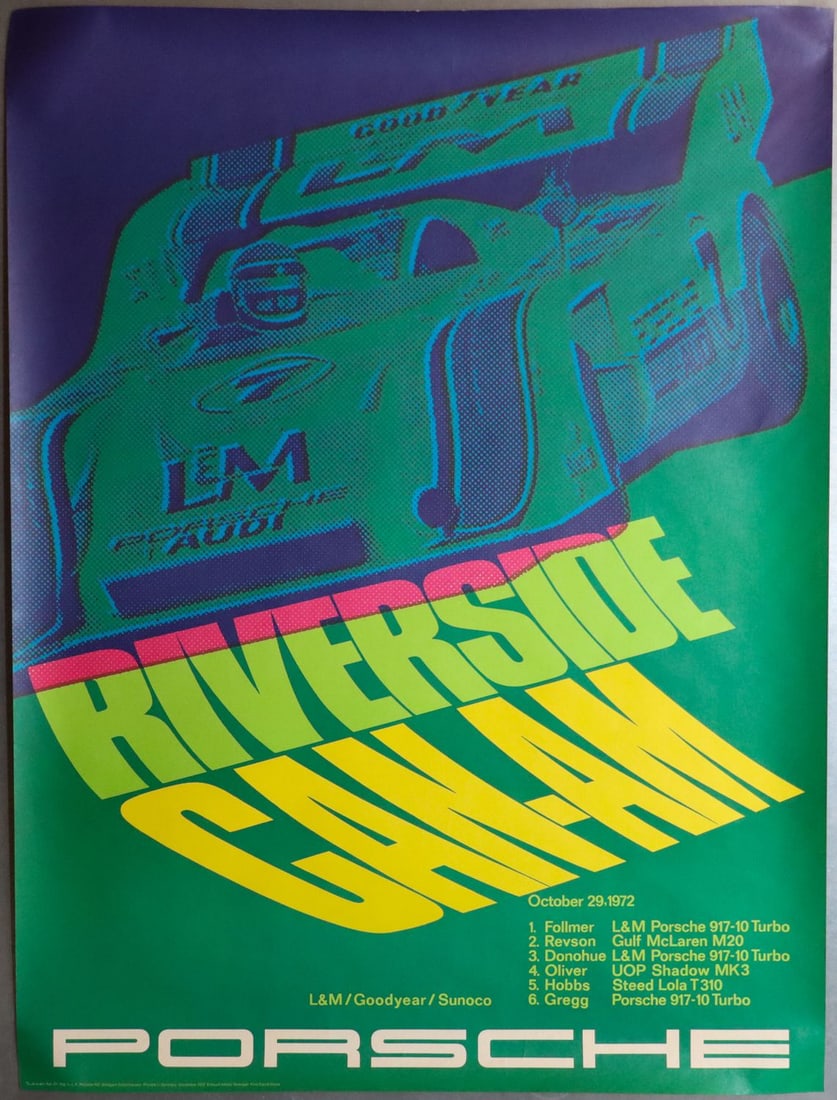 Porsche 2 Posters from 1972/1973: 'Riverside Can-Am 1972' and 'Porsche wins Mosport Can-Am 1973' (with 2 tears), design Strenger, 101 x 76 cm