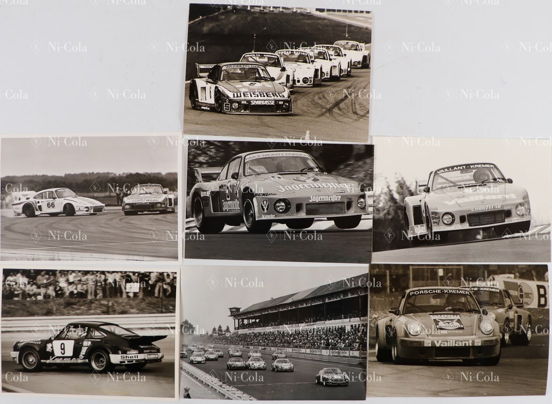 Porsche 7 Original B/W Press Photos Porsche in the DRM: 7-piece set, Porsche 911 S, Carrera RSR and 935 in the German Racing Championship 1972 1973, 1974. 1976, 1977, 1978. Schurti, Wollek, Hezemans, Fitzpatrick. 13x18 cm
