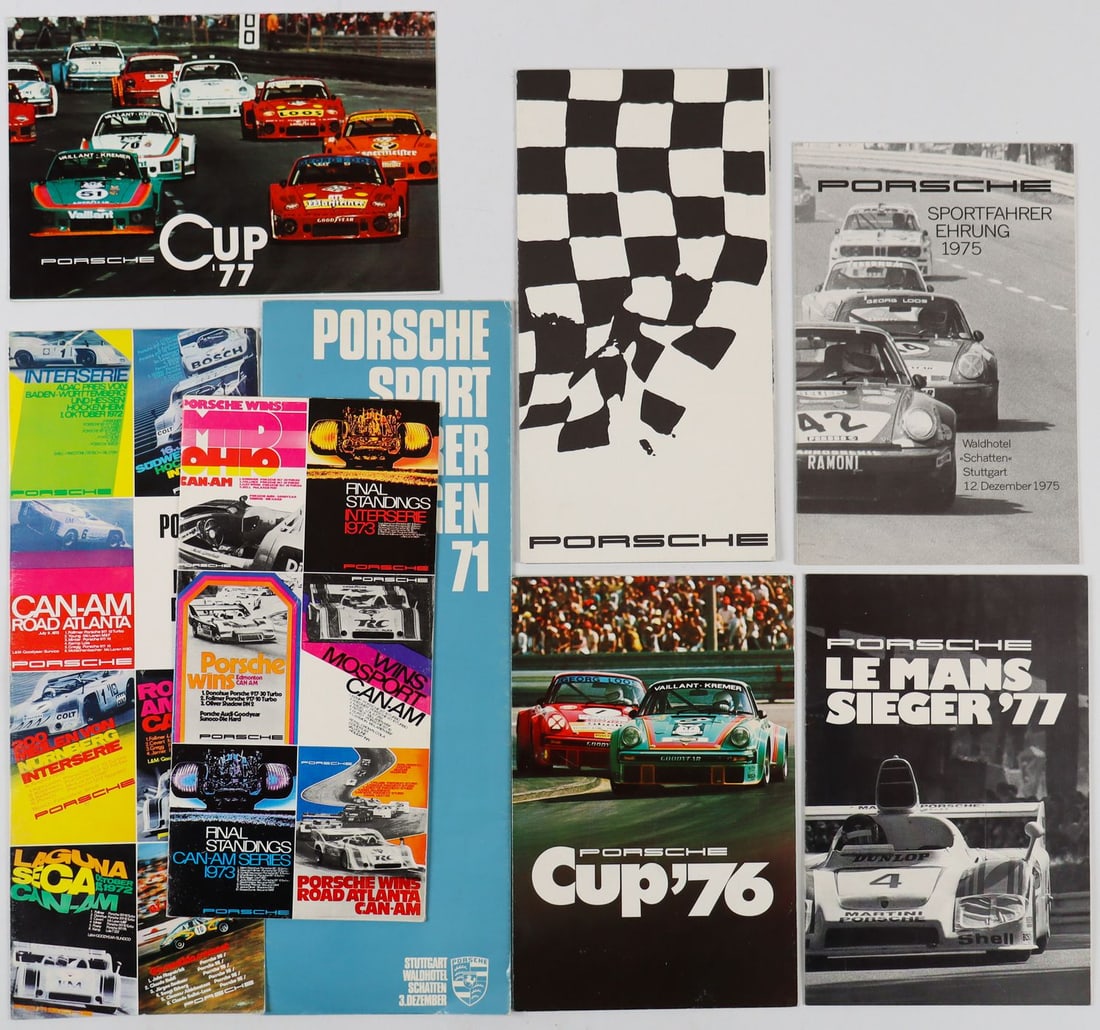 Porsche 8-piece Flyers / Dinner cards Porsche sports driver: 1x Dinner menu 'Porsche Cup '76 with 3 hand signatures, e.g. Jürgen Barth etc.