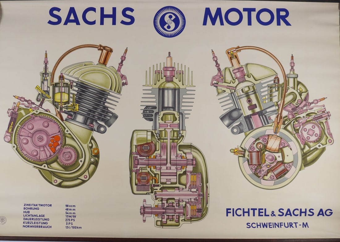 Poster 3x Workshop poster Fichtel & Sachs from the 1950s: 83 x 58 cm to 84 x 120 cm