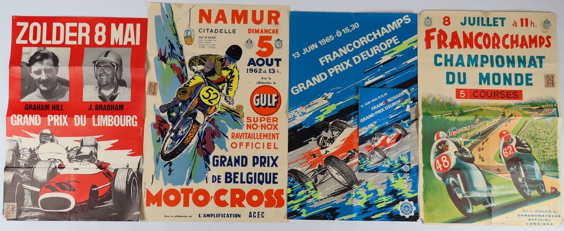 Poster 5-piece from the 1960s: Posters and flyers 'Francorchamps Grand Prix D'Europe 1965', 8 Juillet a 11h Francorchamps Championnat du Monde, Grand Prix de Belgique Motocross 1962 etc., approx. 55 x 35 cm, with fold creases
