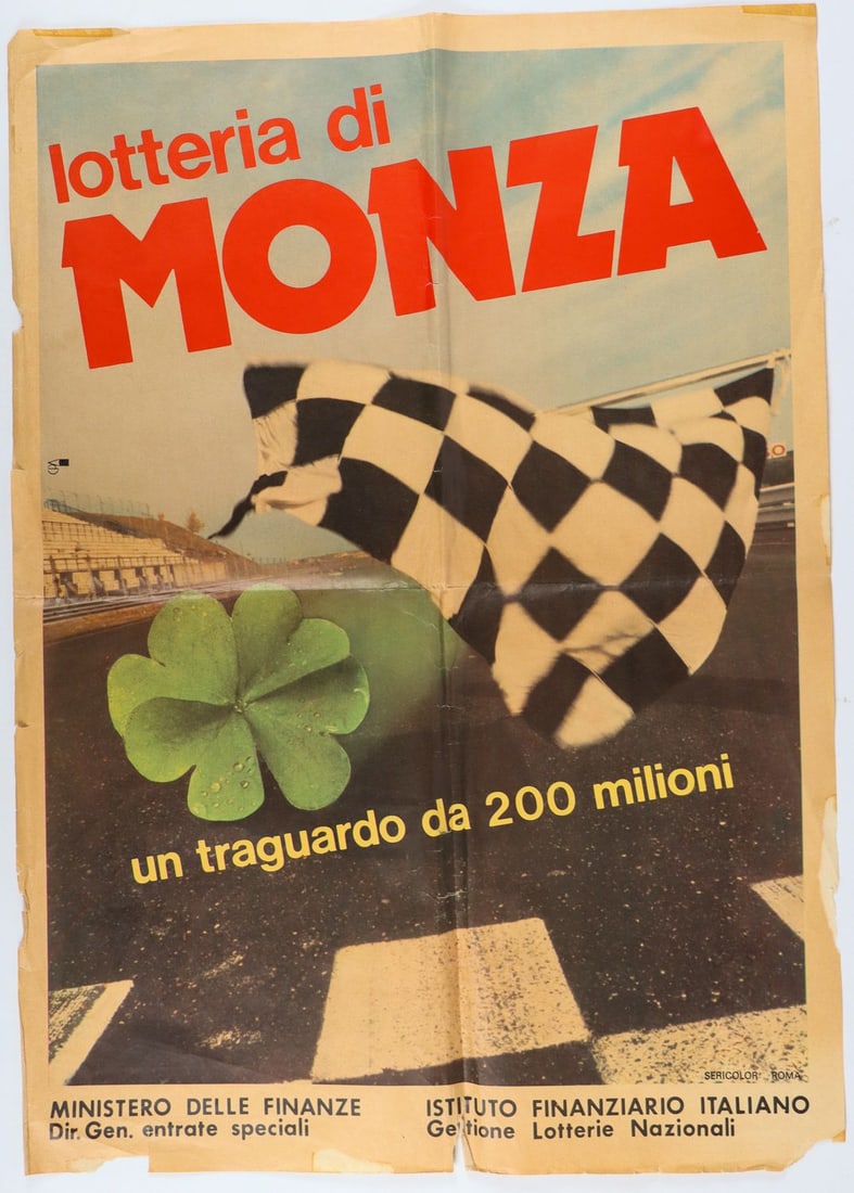 Poster Lotterie di Monza circa 1950s: Motif shows a checkered finish flag, the race track of Autodromo Nazionale Monza, folded, with minor tears, 70 x 50 cm