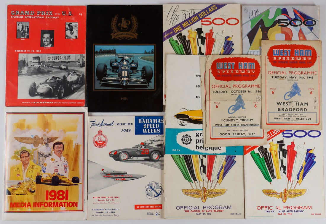 Rennprogramm 11-piece 1940s-1980s: Indianapolis 500 from 1971. 1972, 1973 and 1976, John Player's Grand Prix Holidays 1984, 3x West Ham Speedway 1946, Bahamas Speed Weeks 1956, Riverside International Raceway 1960, press kit Pennzoil