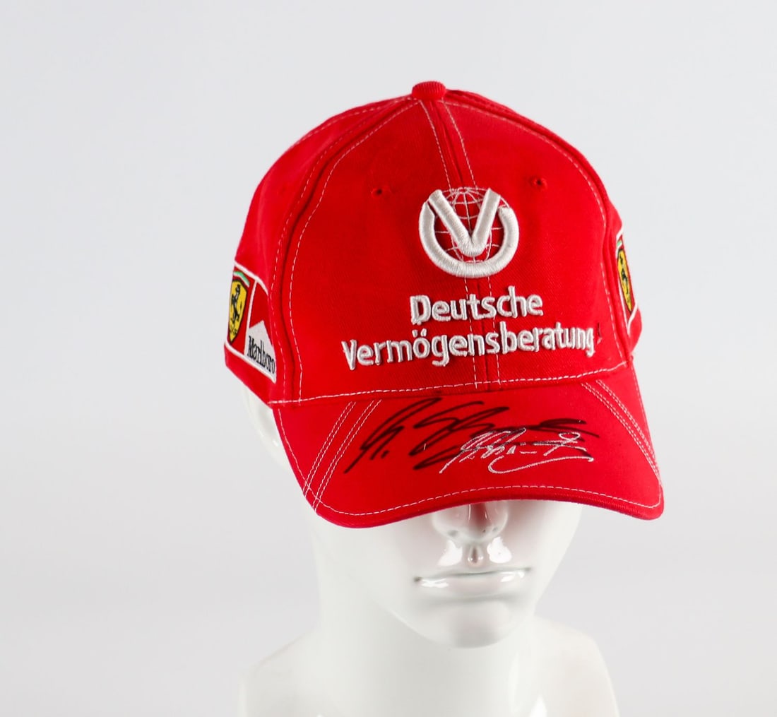 Ferrari Original Personally Worn Michael Schumacher Cap: Hand-signed, hand-sewn, Sample - not to be sold, Sponsor: Deutsche Vermögungsberatung, unique piece