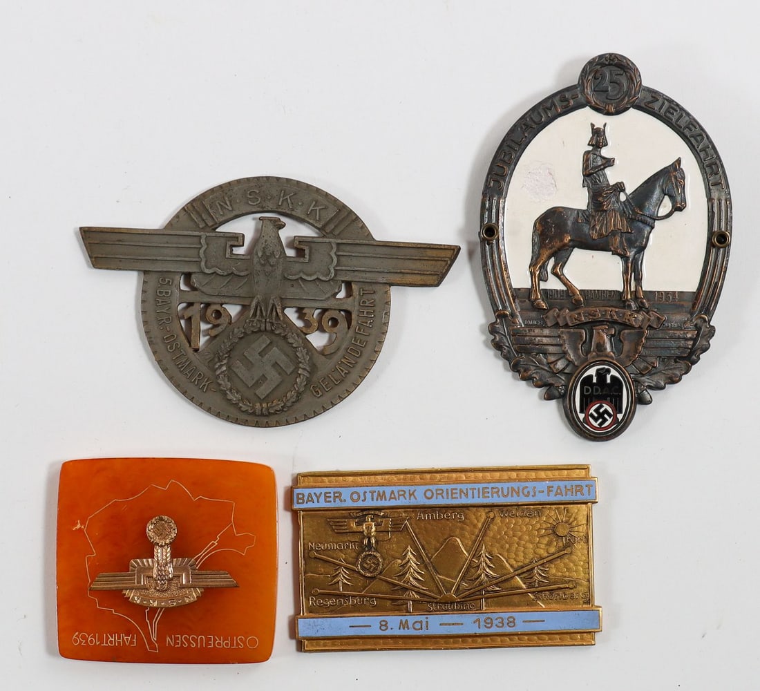 Automobilia 4x Badges from the 1930s: NSKK Ostpreussen 1939 (5 x 5 cm), NSKK 5. Bayr. - Ostmark Geländefahrt 1939 (9.5 x 6 cm), 25 Jahre Jubiläums Zielfahrt 1934 (9.5 x 6 cm) etc., partially enamelled