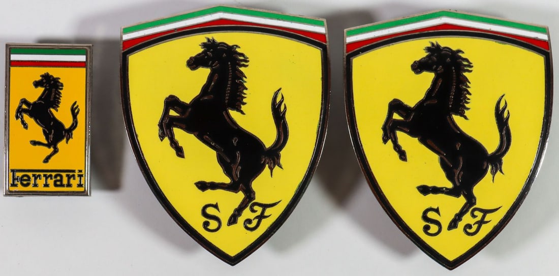 Ferrari 3-piece Emblem Set for Type F40: Ferrari part number 60795400, 2-pin, front badge, RH Scudetto Emblem 62464200 and LH Scudetto Emblem 6246430, old stock E.R. Sportwagen, Bad Breisig