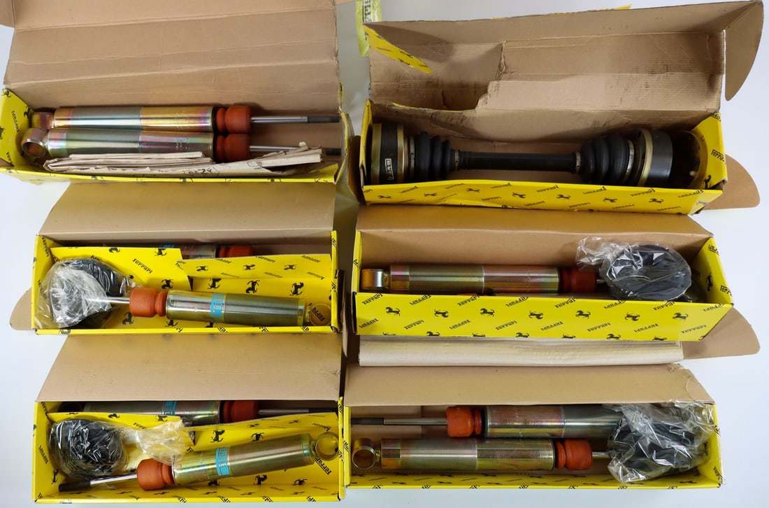 Ferrari 6x Shock Absorbers NOS for Types 308 / 328 / 348: Part numbers: 146291, 146290, 133159 etc., each in original packaging