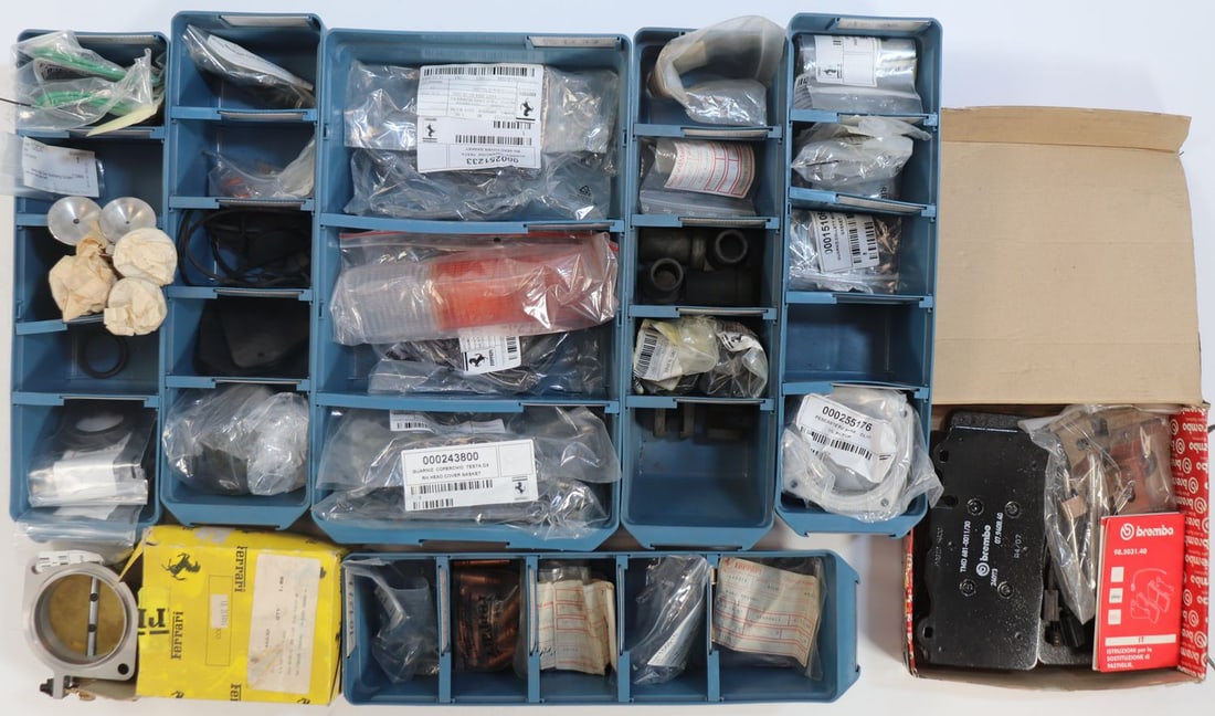 Ferrari Approx. 120-piece spare parts NOS from the stock of: Cross-model for types from the 80s to 2010s, including type F40, F50, Testarossa etc., part numbers: 70001082, 255176, 146632, 10050814, 117563, 60395506, 600822, 243800, 60329604, 102947, 153188, 133