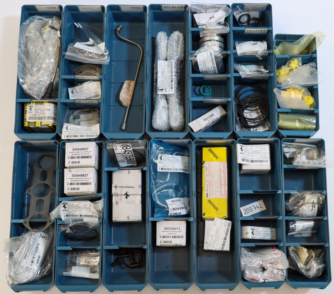 Ferrari Approx. 150-piece NOS spare parts from the stock of: Cross-model for types from the 1980s to 2010s, including type F40, F50, Testarossa etc., part numbers: 94678, 121814, 304074, 299396, 68138000, 165473, 254516, 295361, 125930, 157991, 69921200, 156478