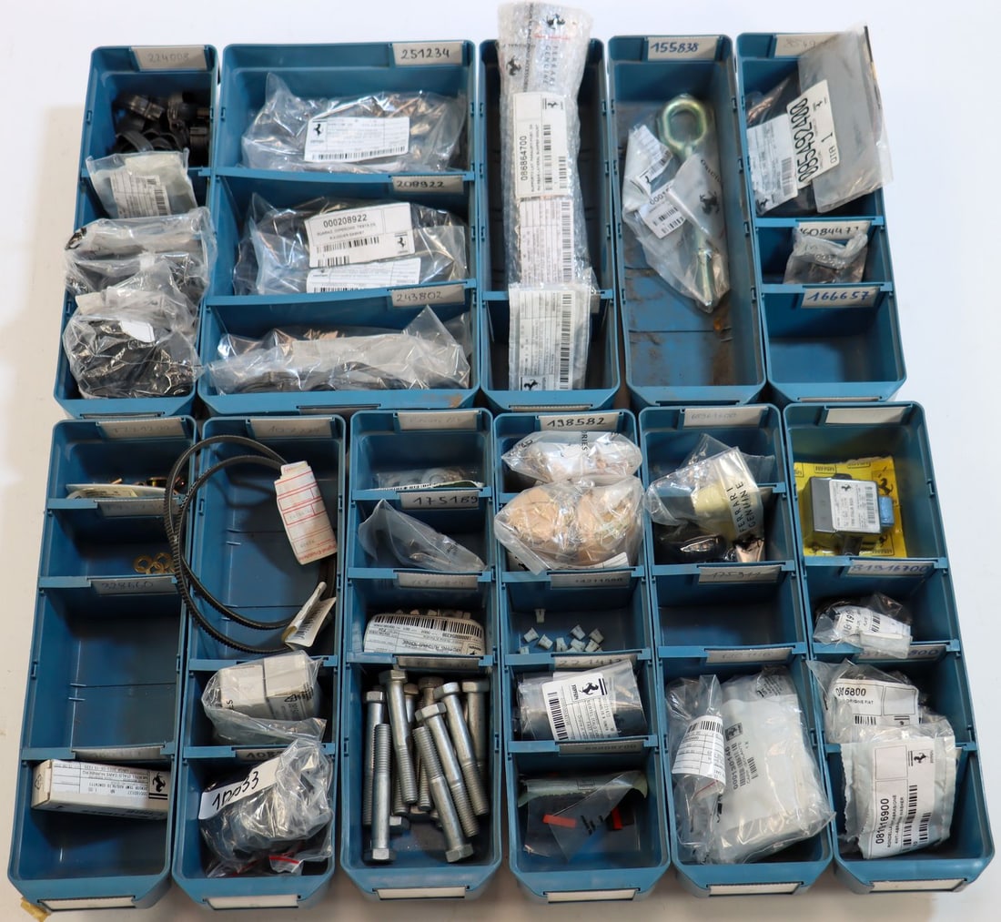 Ferrari Approx. 200-piece NOS spare parts from the inventor: Cross-model for types from the 80s to 2010s, including type F40, F50, Testarossa etc., part numbers: 8196800, 85492400, 155838, 62167600, 198582, 221473, 86864700, 251234, 243802, 11117134, 224008, 18