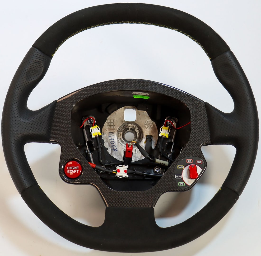 Ferrari Steering wheel for type 599: Without airbag, part number: 143047, with carbon inserts, Alcantara and yellow stitching, rare