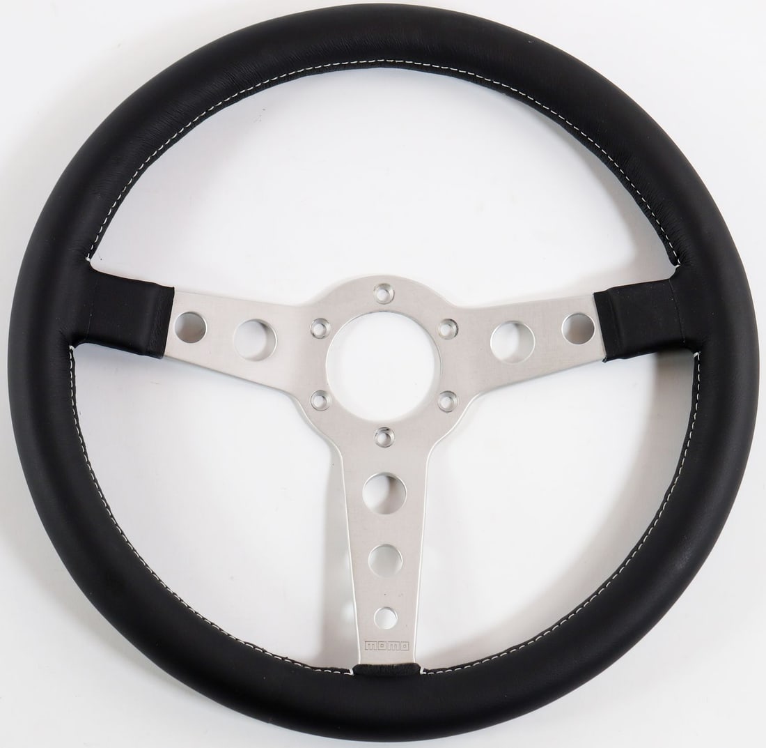 Ferrari MOMO Steering Wheel for Dino 246: Professionally re-upholstered with black leather, including the correct thread for the seams, D: 35 cm, Ferrari part number 740592, old stock E.R. Sportwagen, Bad Breisig