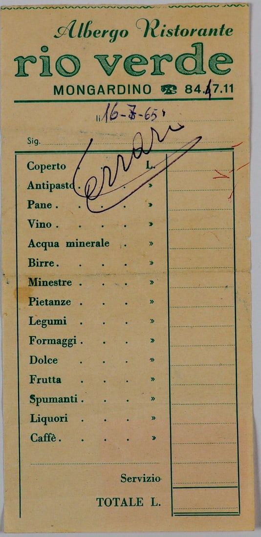Ferrari Invoice Albergo Ristorante Rio Verde hand-signed by: Location: Mongardino