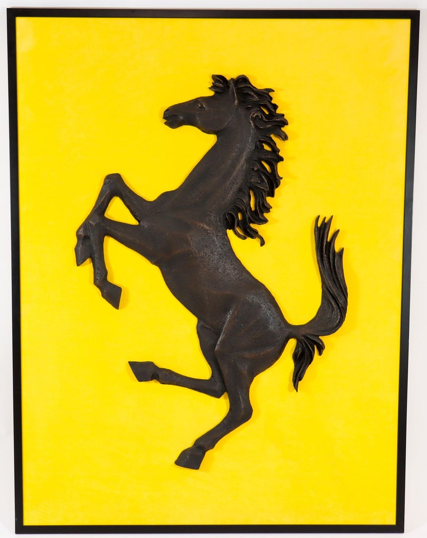 Ferrari Wall Decoration Cavallino Rampante: 126 x 94 cm, 23kg, on wood covered with fabric, with an applied Ferrari horse in bronze, personal gift from Corse Clienti to Michael Gabel. This large-format, imposing bronze casting of Ferrari's Cava