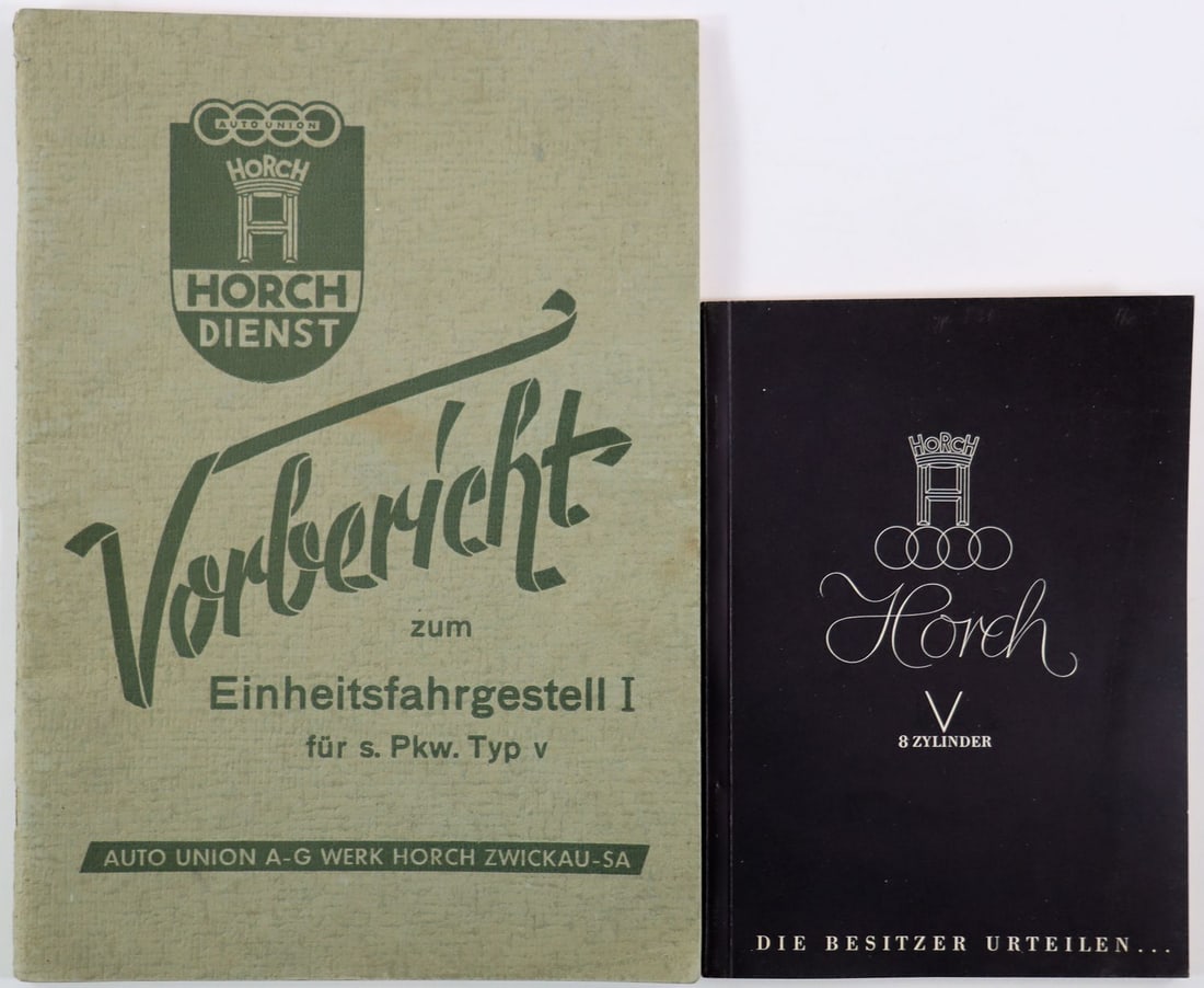 Horch 2x booklets: 1x 'Die Besitzer Urteilen über den Horch 8 Zylinder' from 1934, 1x 'Horch Dienst Vorbericht zum Einheitsfahrgestell für PKW Typ V', German