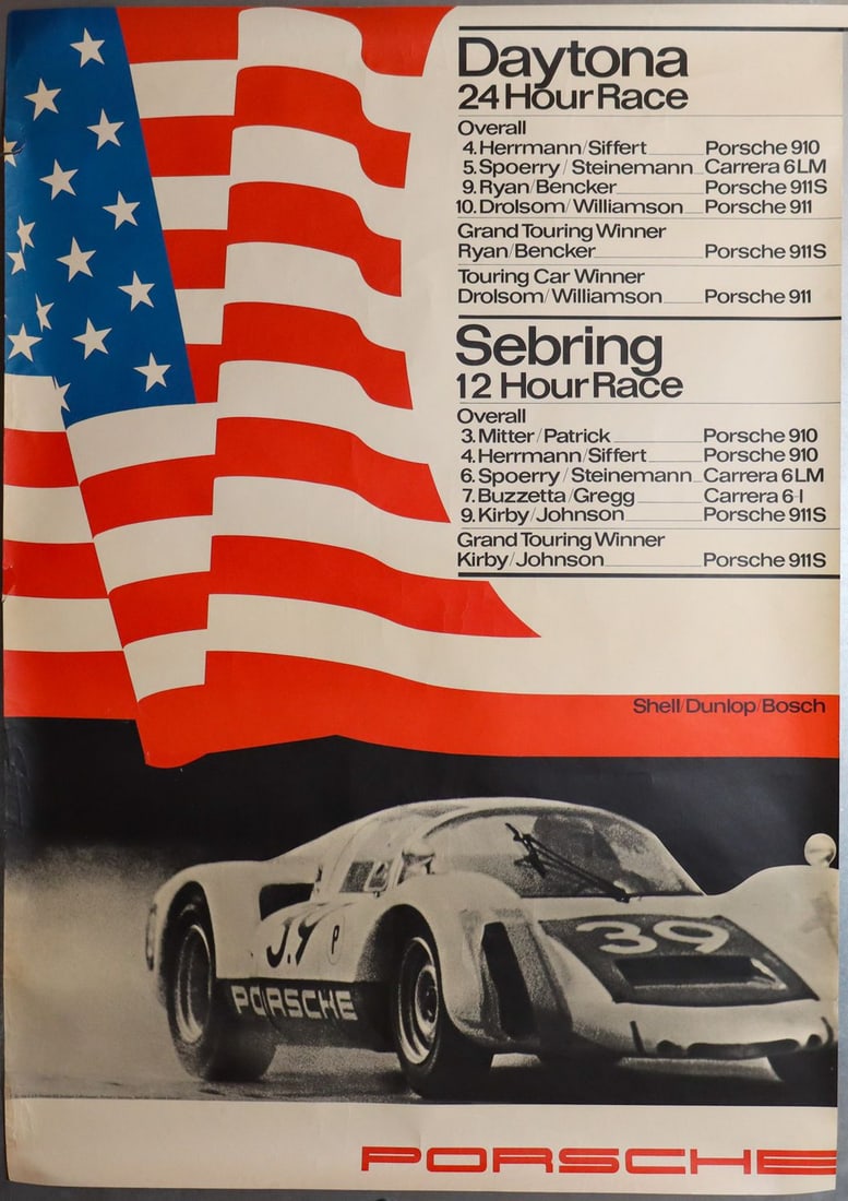 Porsche Poster '24 Hours Race Daytona / 12 Hours Sebring' f: 118 x 84 cm, design by Strenger, with crease marks and small tears