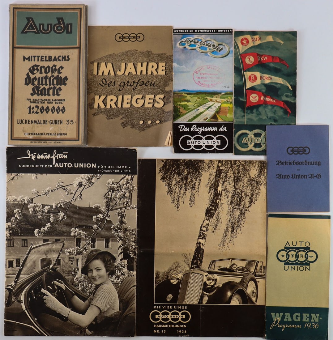 Auto Union 8-Piece Brochures from the 1930s: Vehicle program 1936, internal circular 'Die vier Ringe Auto Union' No. 15 from 1938, special issue of the Auto Union Spring 1936 No. 6, operating regulations from 1934 etc.