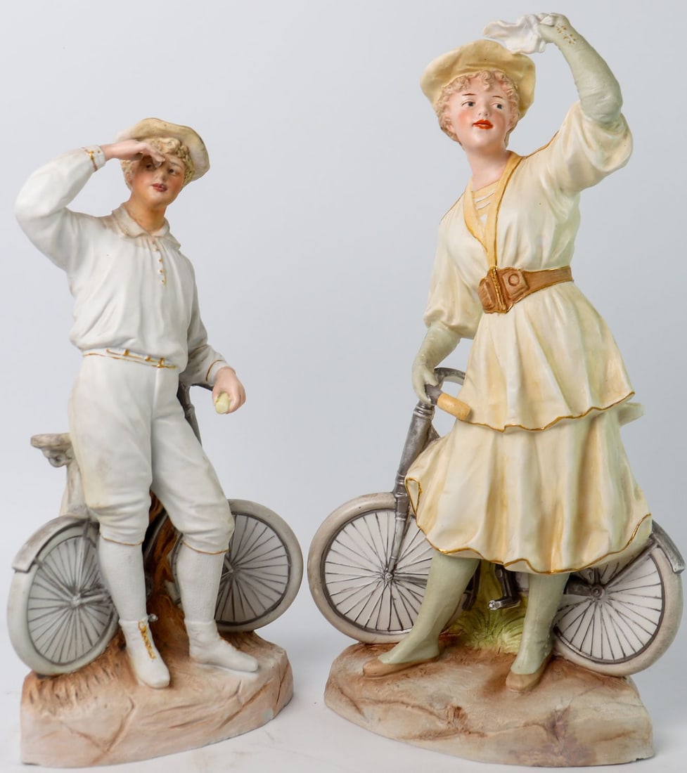 Automobilia 1 Pair of Porcelain Figurines Male Cyclist and: Height: 1x 32 cm, 1x 37 cm